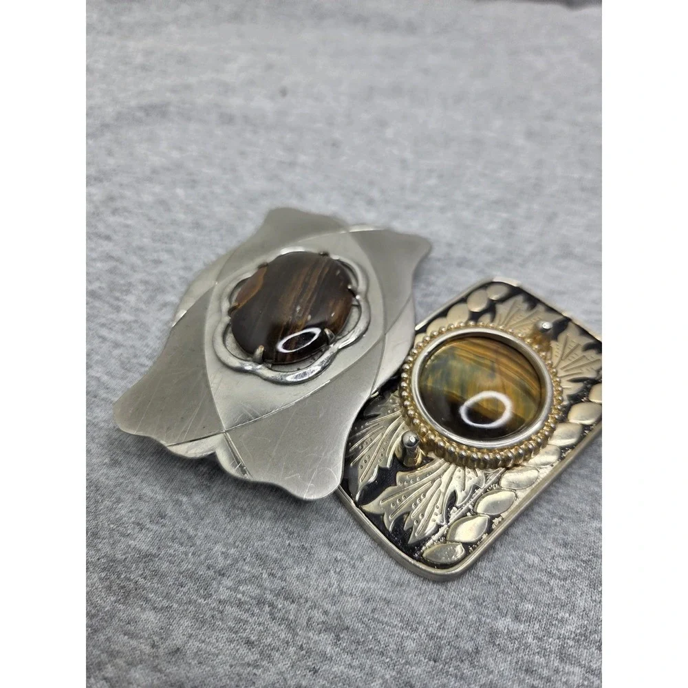 Lot 2 Vintage Womens Tiger Eye Brown Agate Stone Southwestern Belt Buckles